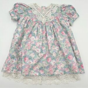 Vintage Floral Dress Sarah Kent Pastel Size 2T Girl Toddler Lace Hem Puff Sleeve